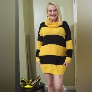 Striped Yellow and Black Turtleneck Sweater Dress